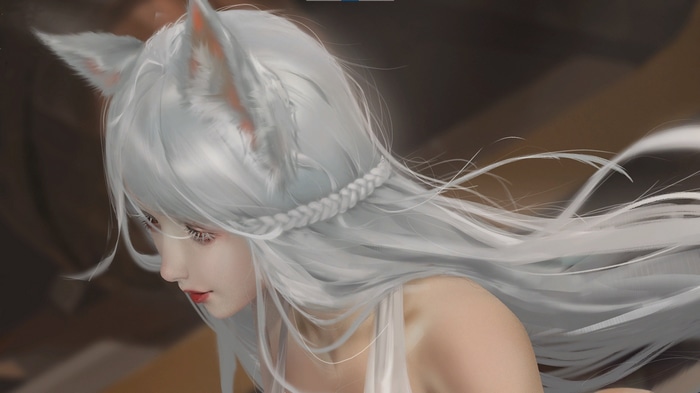 Fox girl with white hair and fox ears