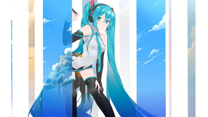 Hatsune Miku with blue hair and headphones against a sky background