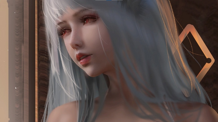 Woman with silver hair and red eyes looking to the side