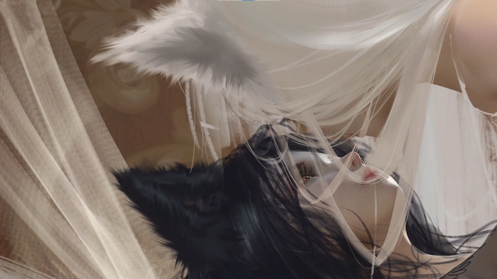 Woman with black and white fox ears