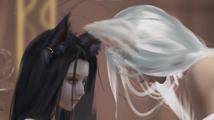 Two fox girls with black and white hair