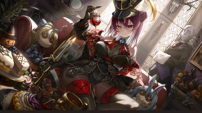 Houshou Marine holding a glass of wine with Halloween sweets