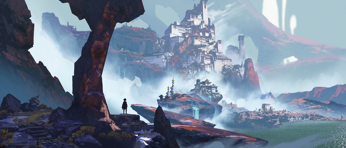 Fantasy castle on floating islands with a lone figure