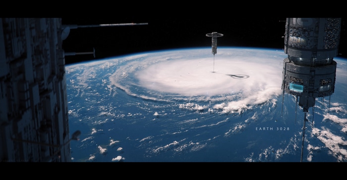Earth 3028: Futuristic Space Station Above Hurricane