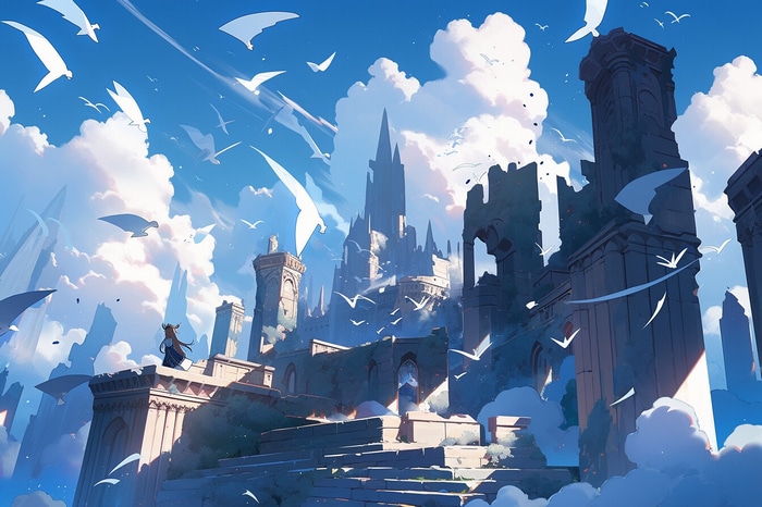 Ruined castle with birds flying in the sky