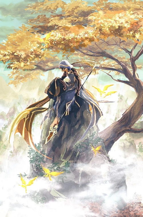 Genshin Impact Zhongli with Spear and Yellow Birds