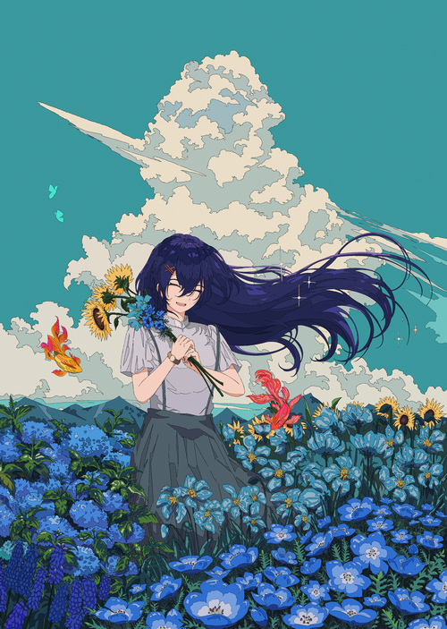 Girl in a flower field with sunflowers and koi fish