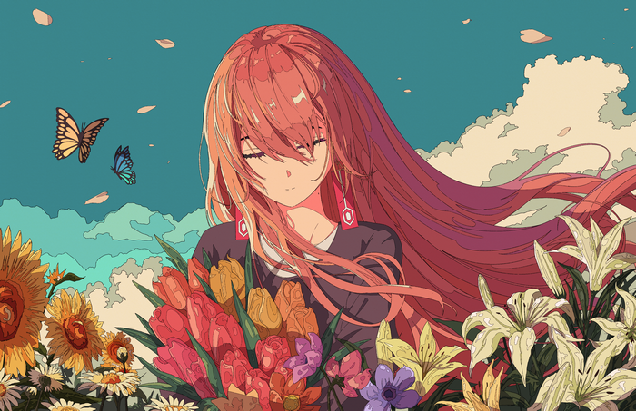 Girl with long hair holding flowers with butterflies and clouds