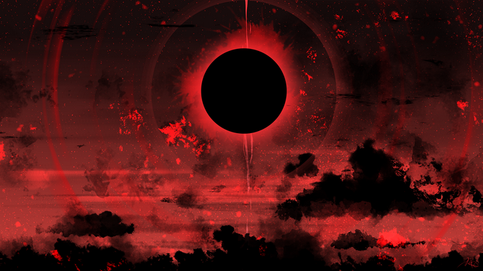 Red eclipse with dark clouds and rings
