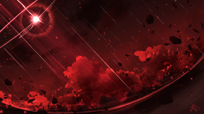 Red planet with clouds, rocks, and sunlight