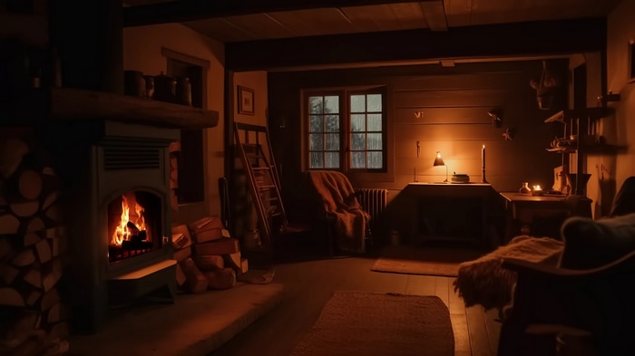 Cozy cabin interior with fireplace and window
