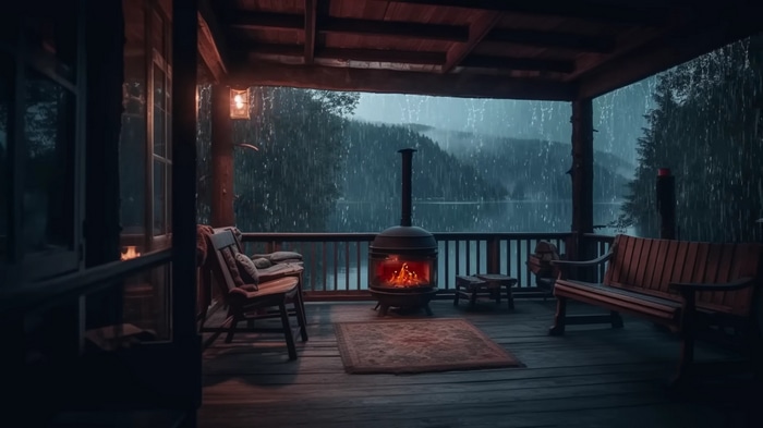 Porch with fireplace overlooking a lake in the rain