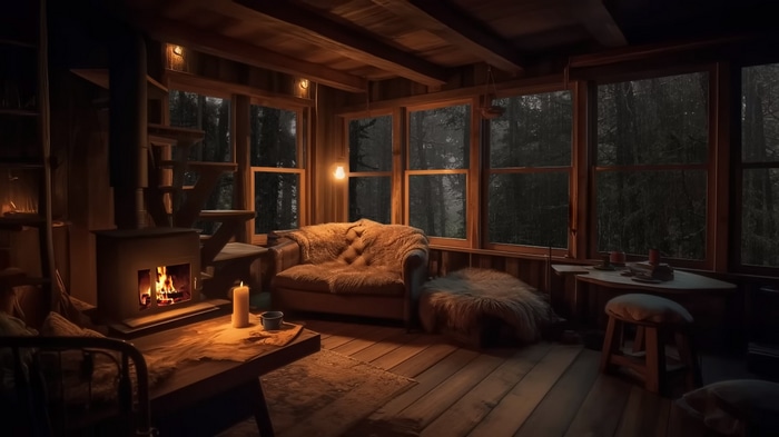 Cozy cabin interior with fireplace and forest view