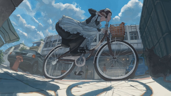 Maid riding a bicycle with chickens in a basket
