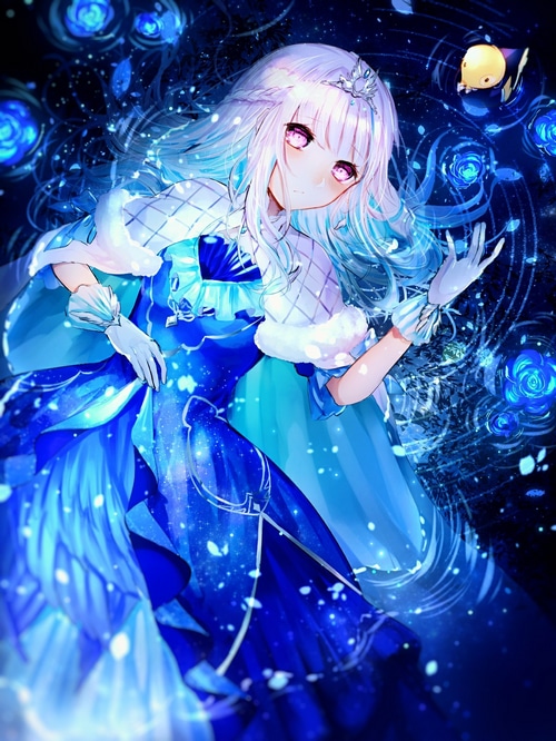 Lize Helesta in a blue dress with white hair and pink eyes