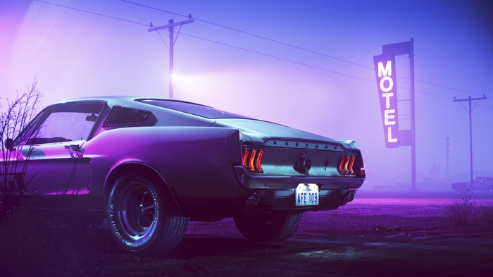 Synthwave Ford Mustang parked near a neon motel sign