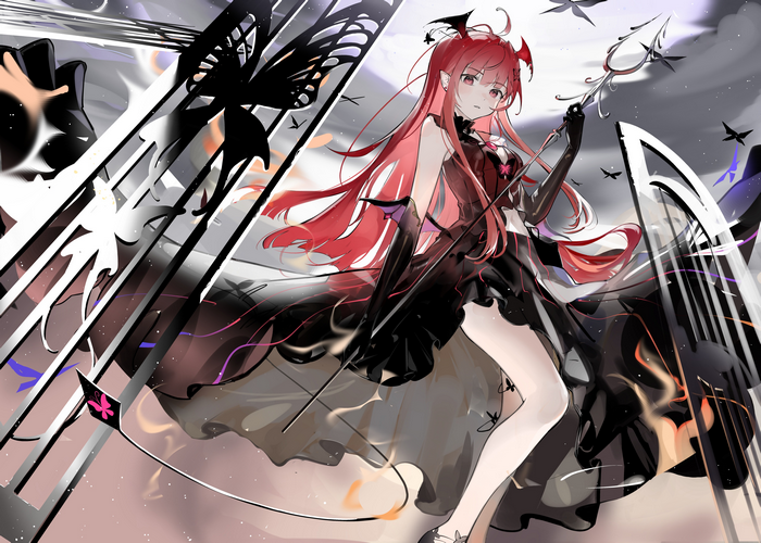 Girl with red hair and horns holding a weapon