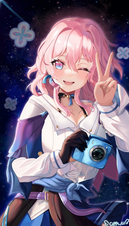 March 7th from Honkai: Star Rail holding a camera