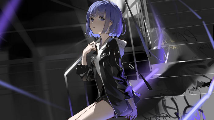 Girl with blue hair on stairs