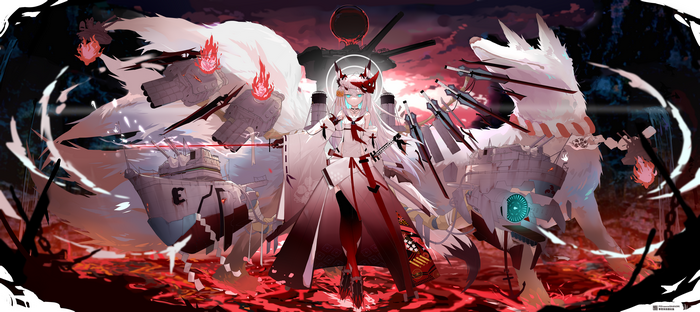 4K anime girl with fox ears and tails, ships, and swords