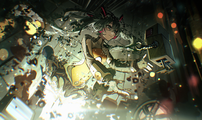 Hatsune Miku in a futuristic, fragmented environment