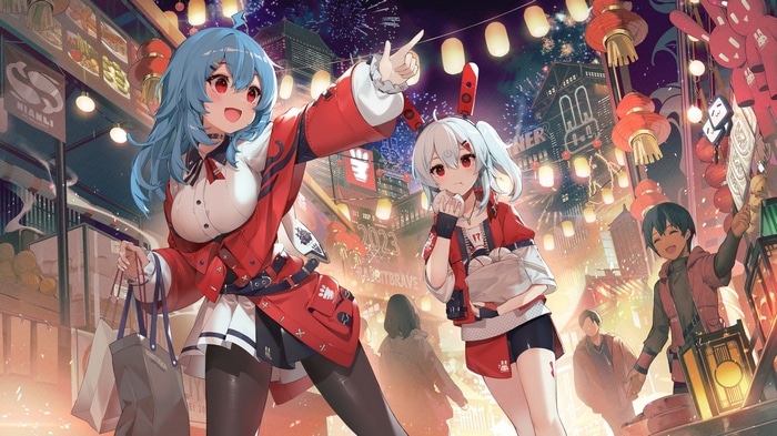 Anime girls and boy at a festive night market
