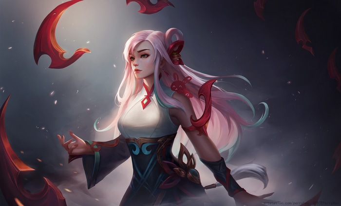 Irelia with pink gradient hair and red blades