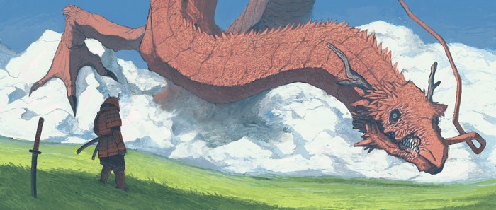 Samurai faces a giant red dragon in the clouds