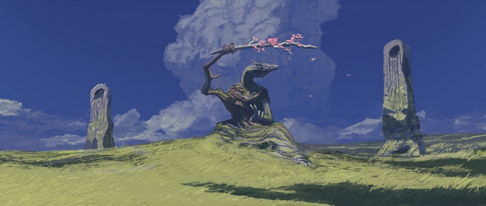 Stone monoliths and a tree-like creature in a grassy field