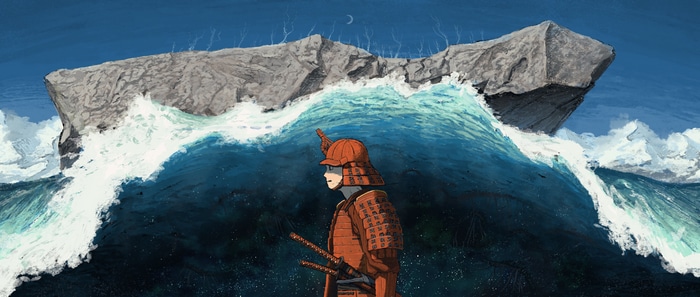 Samurai in front of a large wave and rock