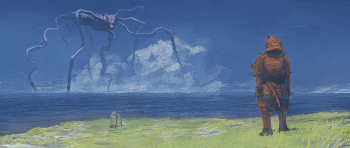 Samurai faces a colossal creature emerging from the sea