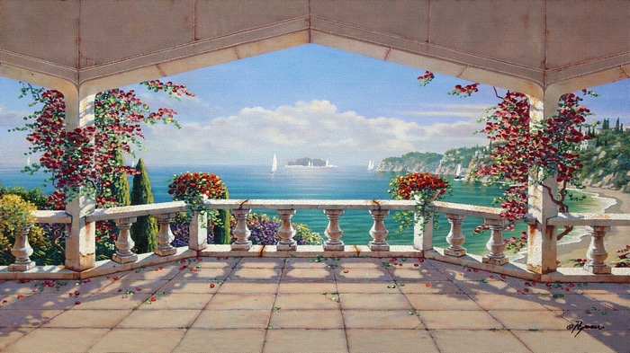 Painting of a balcony overlooking the sea in Italy