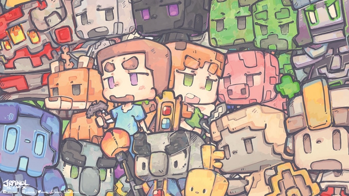Minecraft characters and creatures in a pile