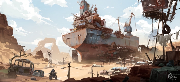 4K Desert Landscape with Shipwreck and Motorcycle