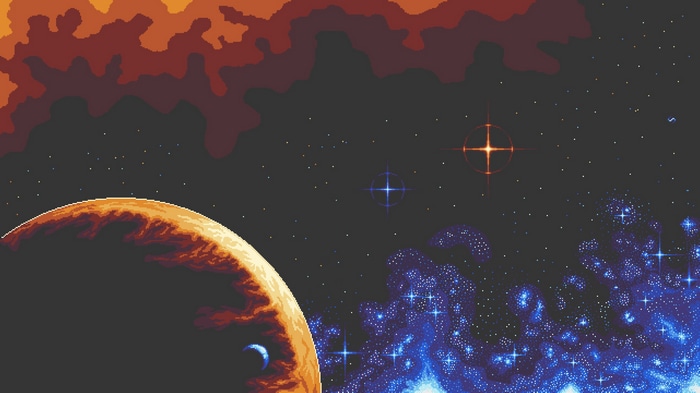 Pixel art space scene with planets and stars