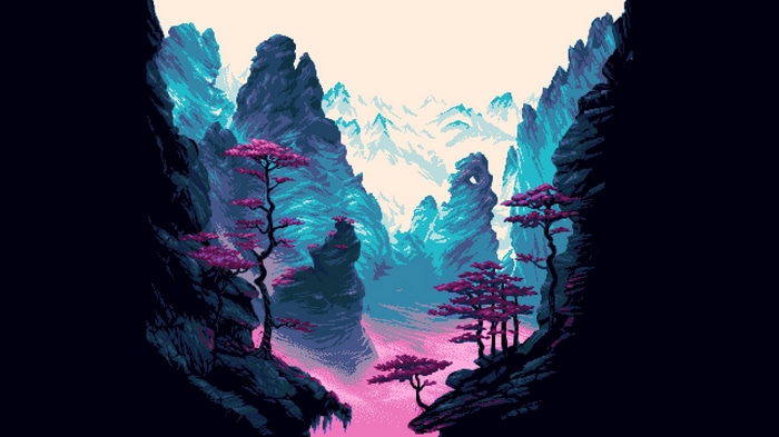 Pixel art mountains with pink trees