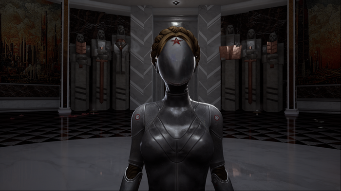The Twins from Atomic Heart in a grand hall