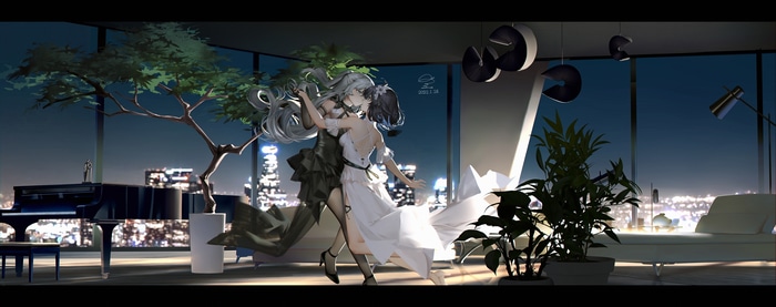 Bronya Zaychik and Seele Vollerei dancing in a penthouse