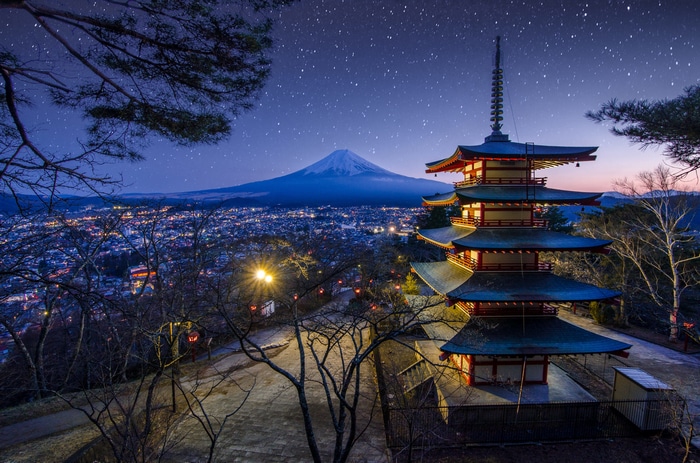 Mount Fuji and Chureito Pagoda under the stars