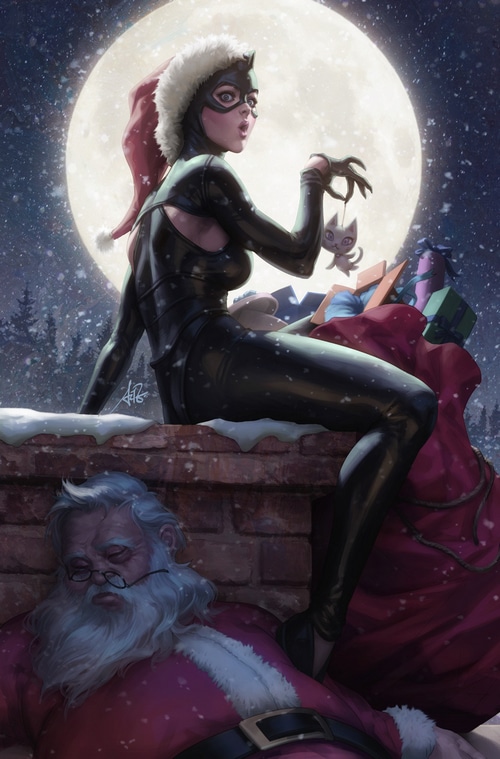 Catwoman with Santa hat and sleeping Santa Claus on a chimney