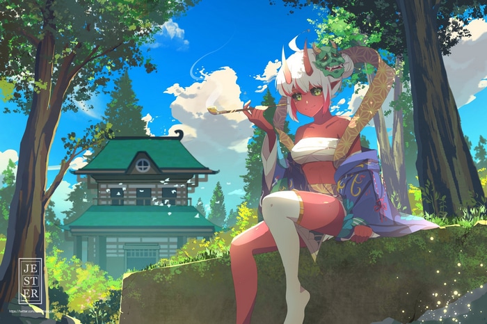 Red-skinned Oni girl with horns smoking a pipe