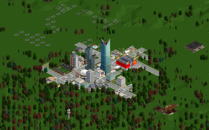 SimCity 2000 city map with buildings and trees