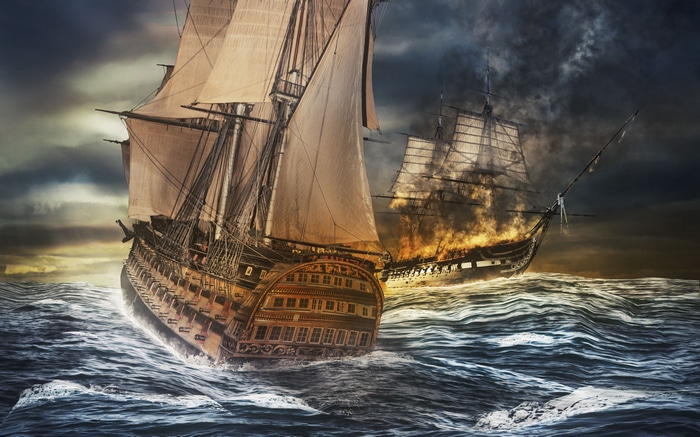 4K ship battle with fire and stormy clouds