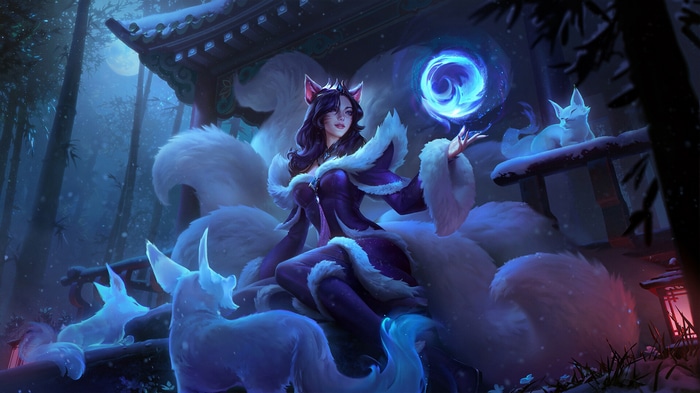 Ahri with fox spirits in a snowy forest