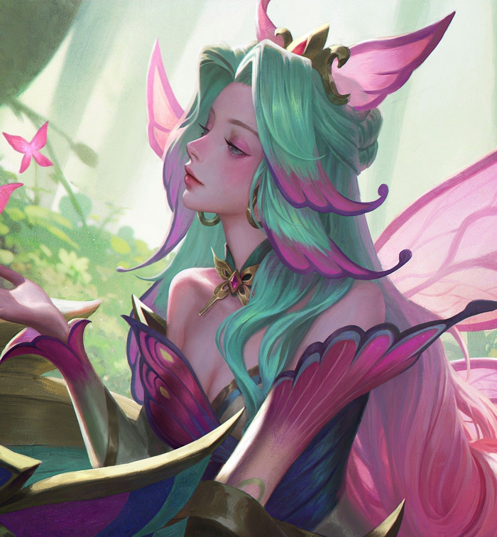 Seraphine with butterfly wings in a forest