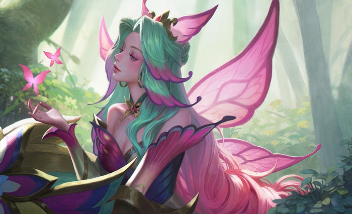 Seraphine with butterfly wings in a forest