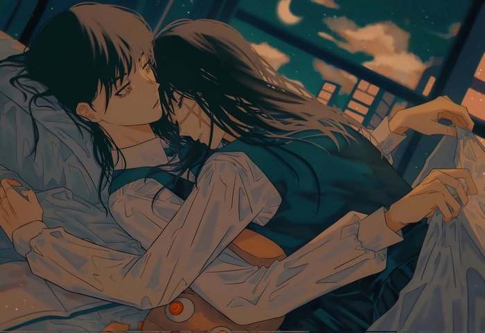 Mitaka Asa and War Devil in bed at night