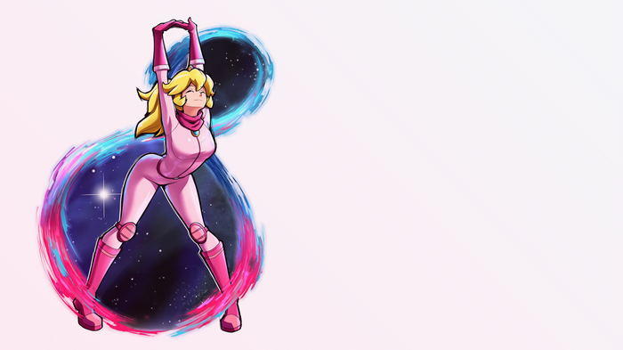 Princess Peach in a pink bodysuit stretching in space