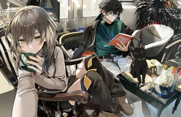 Stelle and Dan Heng with a cat in Honkai: Star Rail