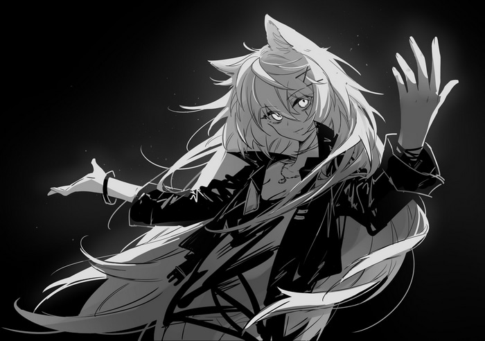 Monochrome anime girl with fox ears and scars